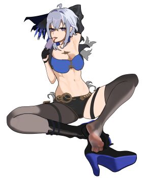 1girl absurdres arm_behind_head arm_up armpits boots feet food galbrena_(wuthering_waves) grey_hair highres licking looking_at_viewer medium_hair paintcaramel popsicle purple_eyes see-through_clothes see-through_legwear shoes soles thighhighs toes unworn_boots unworn_shoes wuthering_waves