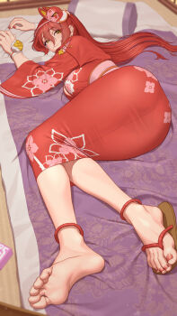 1girl barefoot blush feet fox_mask geta highres long_hair looking_at_viewer lying lyoung0j mask on_side ponytail red_hair shoes single_shoe smile soles toes yellow_eyes