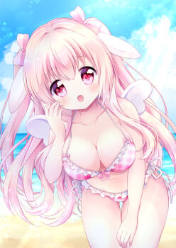 1girl animal_ears beach bikini blush bow bow_bikini chiika_(cure_cherish) cloud collarbone day hair_bow long_hair looking_at_viewer navel ocean open_mouth original pink_bikini pink_eyes pink_hair rabbit_ears side-tie_bikini_bottom sky solo swimsuit thighs two_side_up