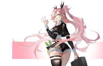 1girl absurdres amillion_(zenless_zone_zero) ass bangboo_(zenless_zone_zero) bare_shoulders black_ribbon black_shorts black_thighhighs breasts clothing_cutout commentary cowboy_shot earrings english_commentary from_behind fur-trimmed_shorts fur_trim green_eyes hair_ornament hairclip heart heart_earrings her_story highres holding holding_suitcase jewelry large_breasts long_hair looking_at_viewer looking_back micro_shorts mole mole_on_thigh money_gesture multicolored_nails nicole_demara parted_lips pink_background pink_hair ribbon shorts shoulder_cutout single_thighhigh solo strapless stuffed_toy suitcase thigh_strap thighhighs torn_clothes torn_thighhighs tube_top twintails two-tone_background two_side_up white_background white_tube_top zenless_zone_zero