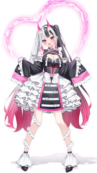 1girl absurdres artist_name belt black_dress black_hair black_shoes blush bow breasts cleavage cleavage_cutout clothing_cutout detached_sleeves dress eyelashes fang flats frilled_dress frilled_sleeves frilled_thigh_strap frills full_body gradient_hair heart heart_belt_buckle heart_cutout highres horns large_breasts long_hair long_sleeves looking_at_viewer multicolored_hair open_mouth original pink_hair red_eyes shadow shoes sidelocks simple_background skin-covered_horns skin_fang skirt sleeves_past_fingers sleeves_past_wrists smile thigh_strap twintails very_long_hair wanko_(yurika0320) white_background white_belt white_bow white_hair white_skirt white_straps