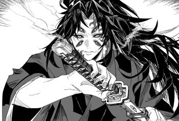 1boy extra_eyes fingernails greyscale high_ponytail highres holding holding_sword holding_weapon japanese_clothes katana kimetsu_no_yaiba kimono kokushibou long_hair looking_at_viewer male_focus monochrome parted_lips ponytail print_kimono scar scar_on_face scar_on_forehead sheath solo spiked_hair sword unsheathing upper_body very_long_hair weapon white_background yjfengle