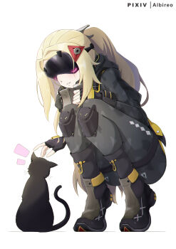 Rule 34 | 1girl, absurdres, black pants, blindfold mask, blonde hair, breasts, camouflage, cat, commentary request, covered eyes, fingerless gloves, gloves, hair ornament, highres, jacket, long hair, mask, pants, ponytail, protoss52000, solo, trigger (zenless zone zero), zenless zone zero