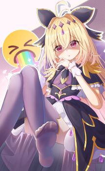 Rule 34 | 1girl, absurdres, antenna hair, black background, black bow, black dress, black necktie, blonde hair, bow, braid, brooch, commentary request, cure arcana shadow, dress, earrings, gradient hair, hair between eyes, hair intakes, hair ornament, half up braid, heart, heart brooch, highres, jewelry, long hair, looking at viewer, magical girl, meitantei precure!, moria luluka, multicolored hair, necktie, nicknameokupied, open mouth, pink eyes, pink hair, precure, purple veil, simple background, solo, veil