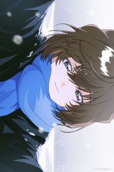 Rule 34 | 1girl, absurdres, bisho imobing hito, black coat, blue scarf, brown hair, closed mouth, coat, commentary request, grey eyes, haibara ai, hair between eyes, highres, long sleeves, meitantei conan, outdoors, outstretched arms, scarf, short hair, sideways, smile, solo, winter, winter clothes