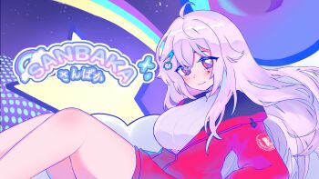 Rule 34 | archaic japanese text, artist request, copyright request, heart, highres, jacket, long hair, open clothes, open jacket, original, red eyes, red jacket, sanbaka-ai, smile, sweater, thighhighs, translation request, vietnamese commentary, white hair