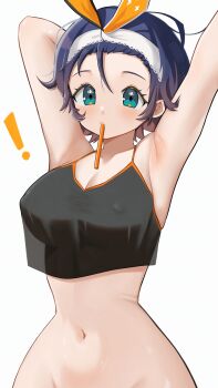 ! 1girl absurdres arm_behind_head armpits belle_(zenless_zone_zero) black_hair blue_eyes breasts cleavage commentary covered_erect_nipples crop_top english_commentary highres mouth_hold navel nyu-tan94 see-through_clothes short_hair stomach white_background zenless_zone_zero