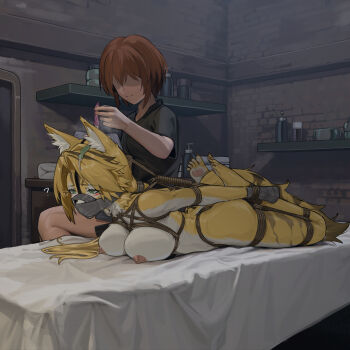 2girls absurdres animal_ear_fluff animal_ears bdsm blonde_hair bondage bound breasts brown_hair condom furry gag gag_harness gagged green_eyes highres hogtie impactinjury improvised_gag large_breasts looking_to_the_side lying multiple_girls nipples on_stomach pulchra_fellini restrained shibari short_hair tape tape_gag used_condom zenless_zone_zero