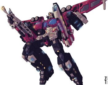 1boy absurdres autobot cannon faceplate galaxy_convoy glowing glowing_eyes highres huge_weapon humanoid_robot insignia lextodrawstuff machine mecha mechanical_wings optimus_prime robot science_fiction simple_background transformers transformers_cybertron transformers_unicron_trilogy weapon wheel white_background wings yellow_eyes