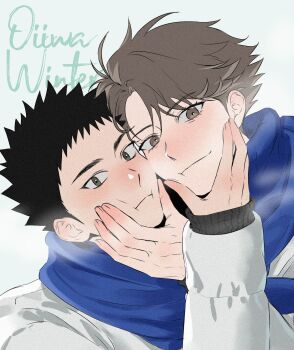 2boys black_hair blue_scarf blush brown_eyes brown_hair cheek-to-cheek closed_mouth haikyuu!! hand_on_another's_face hashtag-only_commentary heads_together highres hoppielucy_gkst iwaizumi_hajime jacket long_sleeves looking_at_viewer male_focus multiple_boys oikawa_tooru_(haikyuu!!) scarf ship_name short_hair sideburns white_jacket yaoi