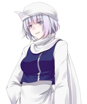 1girl apron breasts commentary_request cropped_vest crote hand_on_own_hip hat lapel_pin large_variant_set letty_whiterock long_sleeves medium_breasts parted_lips purple_eyes purple_hair purple_vest scarf short_hair smile solo tachi-e touhou transparent_background variant_set vest white_apron white_hat white_scarf wide_sleeves