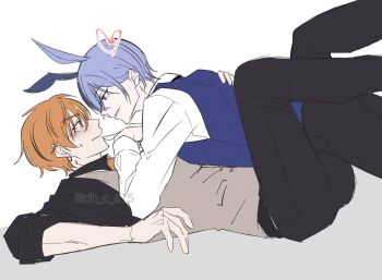 2boys animal_ears aoyagi_touya black_pants blonde_hair blue_eyes blue_hair blush boy_on_top closed_mouth commentary_request eye_contact hand_on_another&#039;s_back heart long_sleeves looking_at_another male_focus mk_(dh_o_o15) multicolored_hair multiple_boys orange_hair pants parted_lips project_sekai rabbit_ears shinonome_akito short_hair simple_background smile twitter_username two-tone_background two-tone_hair