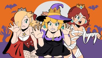 3girls bandages bat_(animal) bent_over blonde_hair blue_eyes breasts brown_hair cleavage crown earrings fang fishnet_pantyhose fishnets flipped_hair flower_earrings grin hair_over_one_eye halloween hat jewelry long_hair looking_at_viewer mario_(series) moon multiple_girls mummy_costume nintendo one_eye_closed open_mouth pantyhose princess_daisy princess_peach red_sky rosalina sky smile tree vampire_costume wink witch witch_hat
