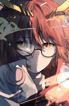 1girl arknights black-framed_eyewear bokuken brown_hair closed_mouth commentary_request expressionless feather_hair glasses hair_between_eyes high_collar highres jacket looking_at_viewer orange_eyes portrait semi-rimless_eyewear short_hair silence_(arknights) solo under-rim_eyewear yellow_eyes