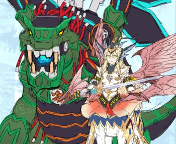 1girl armor blonde_hair breasts centaur closed_mouth commentary_request cowboy_shot crossed_bangs dated dinomight_powerload_the_dracoslayer dinosaur dragon_wings duel_monster full_armor gauntlets headgear holding holding_sword holding_weapon large_breasts long_hair machine majesty_pegasus_the_dracoslayer monster_girl multiple_legs multiple_wings mzroas sidelocks signature standing sword taur weapon white_armor wings yu-gi-oh!