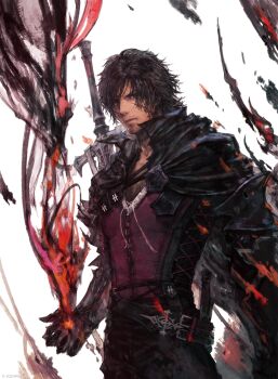 1boy absurdres beard beard_stubble belt black_cape black_hair cape chinstrap_beard clive_rosfield commentary_request company_name copyright_notice drawstring facial_hair facial_tattoo final_fantasy final_fantasy_xvi glowing glowing_hand highres looking_at_viewer loose_belt male_focus official_art simple_background solo standing stubble sword sword_on_back takahashi_kazuya tattoo tied_drawstring weapon weapon_on_back