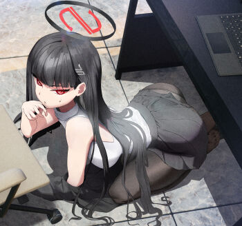 1girl absurdres bare_shoulders barefoot black_hair black_pantyhose black_skirt blue_archive blunt_bangs chair commentary computer fishnet_pantyhose fishnets hair_ornament hair_spread_out hairclip halo hand_up highres jacket kenka_(user_hrjm2543) kneeling laptop long_hair looking_at_viewer mechanical_halo no_shoes pantyhose pleated_skirt red_eyes rio_(blue_archive) saliva shirt shirt_tucked_in skirt soles solo sweat table turtleneck under_table unworn_jacket white_shirt