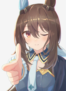 Rule 34 | 1girl, admire vega (starry nocturne) (umamusume), admire vega (umamusume), amazumi, animal ears, blue capelet, blue dress, blush, breasts, brown hair, capelet, closed eyes, commentary request, dress, ear covers, finger gun, hair between eyes, highres, horse ears, horse girl, long hair, long sleeves, looking at viewer, necktie, one eye closed, ponytail, purple eyes, simple background, single ear cover, smile, solo, umamusume, upper body, white background, white necktie