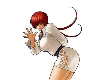 1girl breasts dress female_focus hand_up huge_breasts jacket large_breasts long_hair looking_at_viewer neo_geo_battle_coliseum pale_skin ponytail red_hair shermie_(kof) simple_background skirt smile the_king_of_fighters thick_thighs thighs topdog4815 twintails white_background