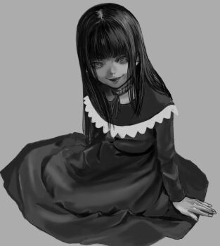 1girl fatal_frame fatal_frame:_mask_of_the_lunar_eclipse full_body gauss_&lt;bokashi greyscale haibara_ayako lips long_hair looking_at_viewer monochrome neck_ribbon ribbon simple_background smile solo