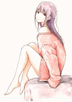 1girl absurdres alternate_costume barefoot bbmasa closed_mouth commentary_request feet from_side full_body gradient_background hibike!_euphonium highres knees_up liz_to_aoi_tori long_hair looking_at_viewer off_shoulder pink_sweater purple_hair red_eyes sitting sleeves_past_wrists solo sweater thighs traditional_media white_background yoroizuka_mizore