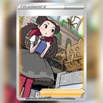 Rule 34 | 1girl, aerodactyl, aoki toshinao, bastiodon, blush, book, bookshelf, brown hair, card (medium), commentary, company name, copyright name, copyright notice, dress, english commentary, eyelashes, gen 1 pokemon, gen 4 pokemon, gen 6 pokemon, grey dress, hair ribbon, holding, holding pen, indoors, long hair, nintendo, official art, pantyhose, pen, pokemon, pokemon card, pokemon oras, pokemon tcg, red eyes, red pantyhose, red ribbon, ribbon, roxanne (pokemon), short sleeves, skeleton, solo, standing, textless version, third-party source, trading card, twintails, tyrantrum, window