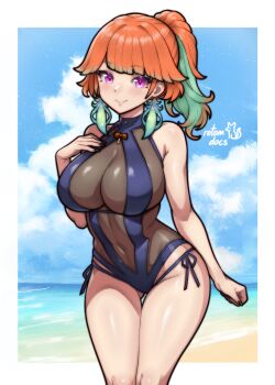 1girl absurdres artist_name bare_arms bare_shoulders black_nails blue_sky blunt_bangs breasts cloud commentary commission cowboy_shot english_commentary gluteal_fold green_hair hand_on_own_chest highres hololive hololive_english ko-fi_commission large_breasts light_blush looking_at_viewer multicolored_hair nail_polish official_alternate_costume one-piece_swimsuit orange_hair pink_eyes rotomdocs see-through_clothes see-through_one-piece_swimsuit signature skin_tight sky smile solo standing swimsuit takanashi_kiara takanashi_kiara_(perfume_swimsuit) virtual_youtuber