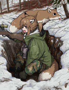 1girl absurdres animal_ears binoculars branch brown_hair closed_mouth fang flak_jacket fox fox_ears fox_girl fox_tail foxhole from_side green_jacket gun highres holding holding_gun holding_weapon hood hooded_jacket jacket medium_hair open_mouth original outdoors ponytail puffy_cheeks rifle scope snow tail tongue tongue_out tree upper_body weapon yellow_eyes yihan_world