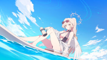 1girl black_one-piece_swimsuit blue_archive breasts brown_eyes brown_hair chain chair cleavage_cutout closed_mouth clothing_cutout cloud earrings feathered_wings feathers female_focus halo holding holding_thermos jewelry light_smile long_hair looking_at_viewer nagisa_(blue_archive) nagisa_(swimsuit)_(blue_archive) necklace official_alternate_costume official_alternate_hairstyle official_art one-piece_swimsuit outdoors ponytail sitting sky sunglasses sunglasses_on_head surfboard swimsuit tagme thermos water white_feathers white_wings wings yellow_halo