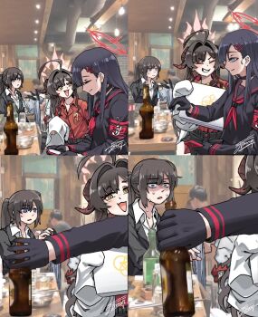 4girls 4koma alcohol antenna_hair armband beer_bottle blue_archive bottle chopsticks comic d-flag_shelter female_sensei_(blue_archive) halo highres ichika_(blue_archive) iori_(blue_archive) kasumi_(blue_archive) meme multiple_girls original photo_(medium) ponytail school_uniform sensei_(blue_archive) yoo_se-yoon_bottle_grab_(meme)