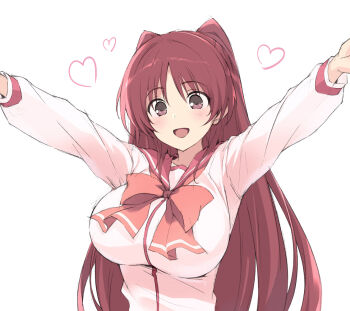 1girl :d bow bowtie breasts brown_eyes commentary_request heart kousaka_tamaki large_breasts long_hair long_sleeves looking_at_viewer open_mouth outstretched_arms pink_bow pink_bowtie red_hair red_sailor_collar sailor_collar sakana_(flame_sakana) school_uniform serafuku simple_background smile solo to_heart_(series) to_heart_2 twintails upper_body white_background