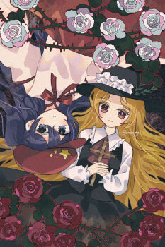 2girls black_skirt black_vest blonde_hair blue_eyes blue_hair bow bowtie brown_eyes collared_shirt commentary_request cross detached_sleeves flower frilled_shirt_collar frills hat hat_ornament highres holding holding_cross jacket_girl_(dipp) katsuragi_atori label_girl_(dipp) long_hair long_sleeves multiple_girls newsboy_cap red_bow red_bowtie red_flower red_hat red_rose red_skirt rose shirt skirt star_(symbol) star_hat_ornament thorns touhou twitter_username upside-down very_long_hair vest