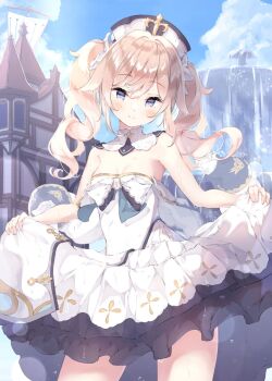 Rule 34 | 1girl, barbara (genshin impact), blonde hair, blue eyes, blush, breasts, breasts apart, closed mouth, collar, commentary request, cowboy shot, day, detached collar, dress, drill hair, fountain, genshin impact, hair between eyes, long hair, looking at viewer, outdoors, skirt hold, small breasts, smile, solo, strapless, strapless dress, twin drills, ukiwakisen, wet, white collar, white dress