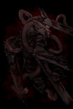 black_background blood blood_splatter bloody_weapon chainsaw chainsaw_devil chainsaw_man dark dark_background extra_arms facing_back highres horns intestines nakano_(2_mannaka) no_eyes sharp_teeth single_horn solo spikes teeth weapon
