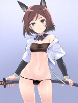 1girl animal_ears black_panties blue_background brown_eyes brown_hair dog_ears dog_girl dog_tail feet_out_of_frame hakama highres holding holding_sword holding_weapon japanese_clothes katana kuroda_kunika looking_at_viewer marzy_dog no_pants noble_witches open_clothes panties short_hair simple_background smile solo standing sword tail underwear weapon world_witches_series