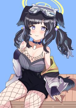Rule 34 | 1girl, absurdres, animal ears, black hair, blue archive, blush, breasts, commentary request, dog ears, dog girl, dog tail, goggles, goggles on head, halo, hibiki (blue archive), highres, long hair, looking at viewer, rakkasei fanku, simple background, solo, tail, thigh focus, thighs, yellow halo