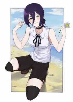 1girl beach black_choker black_ribbon black_shorts black_thighhighs blue_sky chainsaw_man choker cloud cloudy_sky day flower fumi7800 green_eyes grenade_pin hair_between_eyes hair_bun highres holding holding_flower neck_ribbon outdoors purple_hair reze_(chainsaw_man) ribbon sand shirt shorts sky sleeveless sleeveless_shirt solo thighhighs white_flower white_shirt