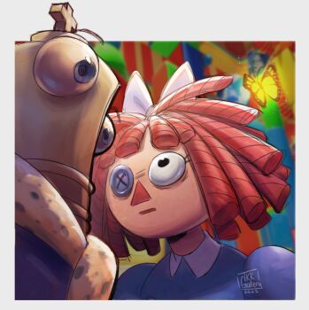 1boy 1girl 2025 :| blue_eyes bug but_you_can't_prove_it_(meme) butterfly chess_piece closed_mouth commentary dexter_(tv_series) english_commentary insect king_(chess) kinger_(the_amazing_digital_circus) looking_at_another meme ragatha_(the_amazing_digital_circus) red_hair short_hair signature the_amazing_digital_circus tkr_art_gallery triangle_nose yellow_butterfly