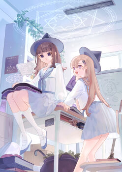 Rule 34 | 2girls, :o, black hat, blonde hair, book, book on lap, brown hair, chair, commentary, desk, double-parted bangs, english commentary, gina 61324, grey eyes, grey neckerchief, grey skirt, hat, highres, indoors, kneehighs, long hair, long sleeves, looking at another, looking down, magic circle, multiple girls, neckerchief, on desk, open book, open mouth, original, parted lips, pile of books, plant, pleated skirt, potted plant, purple eyes, sailor collar, school chair, school desk, shirt, shoes, sitting, skirt, slice of life, smile, socks, standing, uwabaki, very long hair, vines, white sailor collar, white shirt, white shoes, white socks