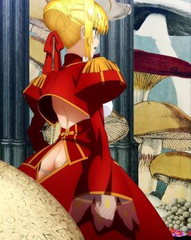1girl ass ass_crack ass_cutout ass_focus backless_dress backless_outfit blonde_hair bow braid breasts clothing_cutout dress epaulettes fate/extella fate/extella_link fate/extra fate/extra_ccc fate/extra_last_encore fate_(series) female_focus from_behind from_side green_eyes hair_bow hair_bun hair_ribbon highres large_breasts long_hair long_skirt long_sleeves nero_claudius_(fate) nero_claudius_(fate/extra) no_bra open_mouth panties puffy_long_sleeves puffy_sleeves red_bow red_dress red_ribbon red_skirt ribbon see-through_clothes see-through_sleeves sexually_suggestive single_hair_bun skirt solo solo_focus type-moon underwear white_panties