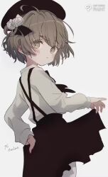 1girl ahoge animated beret black_headwear black_ribbon black_skirt blush brown_eyes brown_hair clip_studio_paint clip_studio_paint_(medium) clothes_lift collared_shirt cowboy_shot dated dot_nose eyelashes female_focus flower from_behind from_side grey_background hair_rings hands_up hat hat_flower hat_ribbon hatoba_tsugu head_tilt holding light_frown long_sleeves looking_back making-of medium_hair mole mole_under_eye neck_ribbon open_mouth pantyhose raised_eyebrows reference_inset ribbon sha2mo shirt shirt_tucked_in signature simple_background single_hair_ring sketch skirt skirt_lift sleeves_past_wrists solo suspender_skirt suspenders tagme tsugu_(vtuber) video virtual_youtuber white_flower white_pantyhose white_shirt