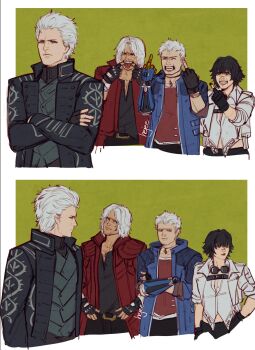 1girl 3boys black_gloves black_hair blue_eyes brothers coat commentary dante_(devil_may_cry) devil_may_cry_(series) devil_may_cry_5 double_middle_finger english_commentary father_and_son fingerless_gloves gloves hair_slicked_back hejee heterochromia highres hood lady_(devil_may_cry) middle_finger multiple_boys nero_(devil_may_cry) red_coat short_hair siblings vergil_(devil_may_cry) white_hair
