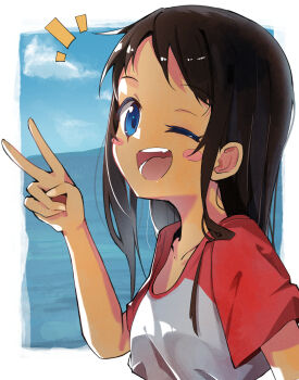 1girl absurdres blue_eyes blush_stickers brown_hair comadori09 commentary_request dark-skinned_female dark_skin grey_shirt highres kyan_hina long_hair looking_at_viewer multicolored_shirt notice_lines okinawa_de_suki_ni_natta_ko_ga_hougen_sugite_tsurasugiru one_eye_closed open_mouth red_shirt shirt short_sleeves solo teeth upper_body v