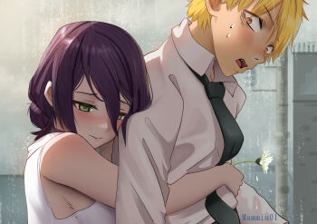 1boy 1girl absurdres black_necktie blonde_hair blush chainsaw_man closed_mouth collared_shirt denji_(chainsaw_man) flower green_eyes hair_between_eyes highres holding holding_flower hug hug_from_behind necktie open_mouth orange_eyes purple_hair revision reze_(chainsaw_man) sengnam1997 sharp_teeth shirt short_hair sleeveless sleeveless_shirt sweat teeth white_flower white_shirt