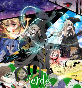 3girls 5boys absurdres aerosol agatha_flattz animal_head bandana bandana_over_mouth bird_boy black_hair black_skin black_suit blonde_hair blue_hair brothers brown_hair burn_scar can caron_(higyaku_no_noel) chain choker colored_skin crowbar cutlass dark-skinned_female dark_skin demon_boy dress drink_can eyepatch fire formal_clothes fugo_dressel glasses green_eyes hair_over_one_eye highres higyaku_no_noel holding holding_crowbar hood hoodie jacket jillian_littner lauro_maestri long_hair medical_eyepatch multicolored_hair multiple_boys multiple_girls necktie noel_cerquetti oscar_dressel piercing purple_eyes purple_hair red_vest scar scar_on_face severed_arm severed_limb short_hair siblings smile spray_can streaked_hair suit vest zoe_taska