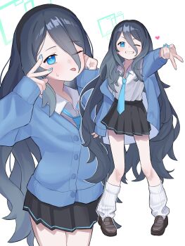 Rule 34 | 1girl, absurdres, aris (blue archive), black hair, black skirt, blue archive, blue cardigan, blue eyes, blue nails, blue necktie, blush, brown shoes, cardigan, collared shirt, commentary request, heart, highres, long hair, looking at viewer, loose socks, multiple views, necktie, okaki8130, one eye closed, shirt, shoes, skirt, socks, tongue, tongue out, v, very long hair, white background, white shirt, white socks