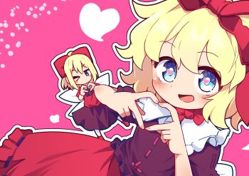 2girls absurdres black_shirt black_skirt blonde_hair blue_eyes blush bow fairy fairy_wings frilled_shirt frilled_shirt_collar frills heart heart-shaped_pupils heart_hands highres kanisawa_yuuki medicine_melancholy mini_person minigirl multiple_girls no_mouth open_mouth ponytail puffy_short_sleeves puffy_sleeves red_bow red_ribbon red_shirt red_skirt ribbon shirt short_hair short_sleeves skirt su-san symbol-shaped_pupils touhou wings