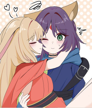 2girls absurdres animal_ears arms_around_neck black_choker blonde_hair blue_hoodie blush carrying cho_kaguya-hime! choker closed_eyes closed_mouth commentary_request fox_ears green_eyes gy5hjtmlvu22471 hand_on_another's_back heart highres hood hoodie japanese_clothes kaguya_(cho_kaguya-hime!) kimono multiple_girls princess_carry purple_hair rabbit_ears red_kimono sakayori_iroha squiggle sweat yuri