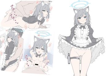 1boy 1girl absurdres alternate_costume animal_ear_fluff animal_ears apron bar_censor black_bow black_bowtie black_dress blue_archive blue_eyes blush bow bowtie breasts censored clothes_lift commentary cowgirl_position cross_hair_ornament cum dress dress_lift dutch_angle extra_ears frilled_apron frilled_dress frills girl_on_top gloves grey_hair gun hair_ornament halo handgun highres holster juliet_sleeves lifting_own_clothes long_sleeves looking_at_viewer maid medium_hair milestone_celebration mismatched_pupils motion_lines multiple_views panties prone_bone puffy_sleeves sex sex_from_behind shiroko_(blue_archive) side-tie_panties simple_background standing standing_sex straddling t1kosewad thigh_holster underwear untranslatable_commentary weapon white_background white_gloves white_panties wolf_ears