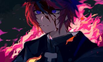 1boy black_jacket black_streaks blood blood_in_hair blood_on_face blue_eyes crying crying_with_eyes_open hashtag-only_commentary highres jacket kukirpg_457 last_defense_academy_school_uniform looking_ahead male_focus multicolored_hair parted_lips portrait red_hair school_uniform short_hair solo streaked_hair sumino_takumi tears the_hundred_line_-last_defense_academy-